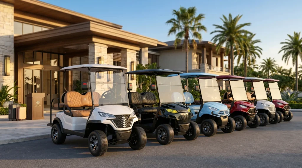 Electric golf cart fleet parked at luxury resort representing commercial fleet adoption in 2026