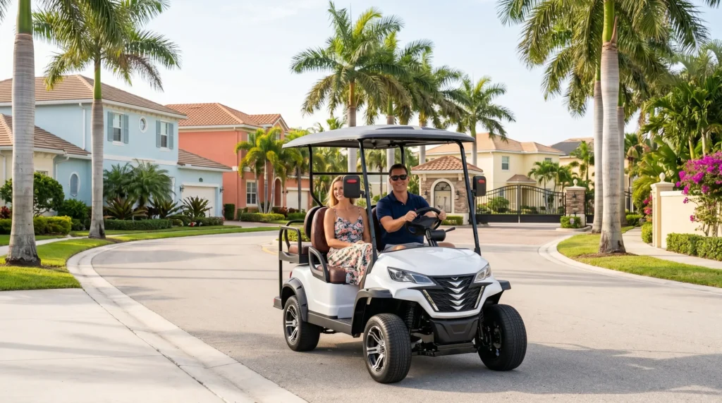 Residents driving electric golf cart through gated community neighborhood