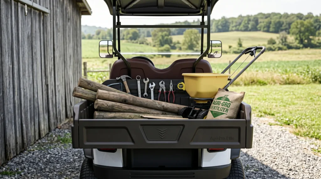 Electric farm utility cart with rear cargo box loaded with tools and fence posts near a red barn