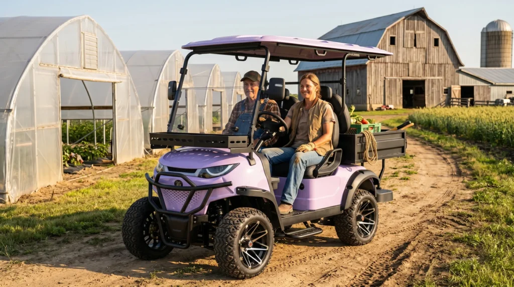 Electric golf cart towing a small hay trailer across a farm field, cargo bed also loaded with supplies