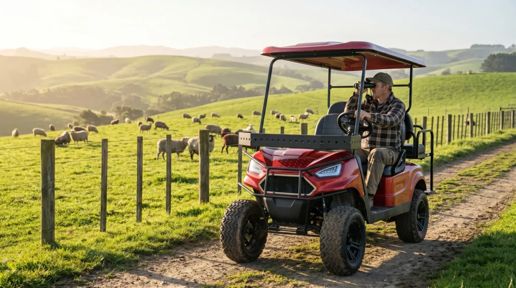 Farmer driving electric patrol cart along pasture fence line to check livestock and monitor crop health