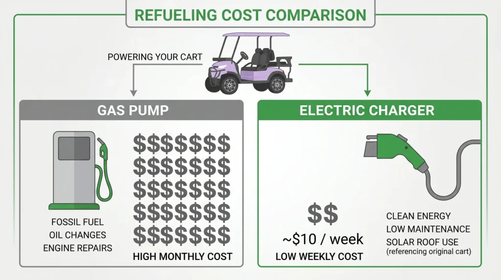 5-year operating cost comparison gas vs electric golf cart, showing savings for communities