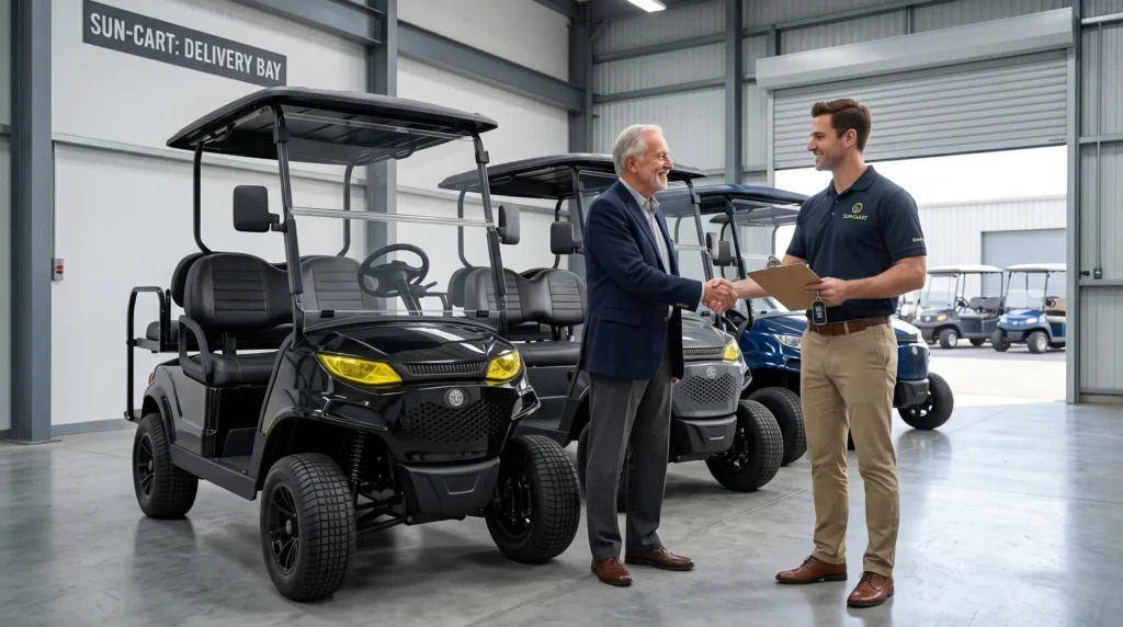 HOA board member signing agreement for new electric golf cart fleet with Sun-Cart representative