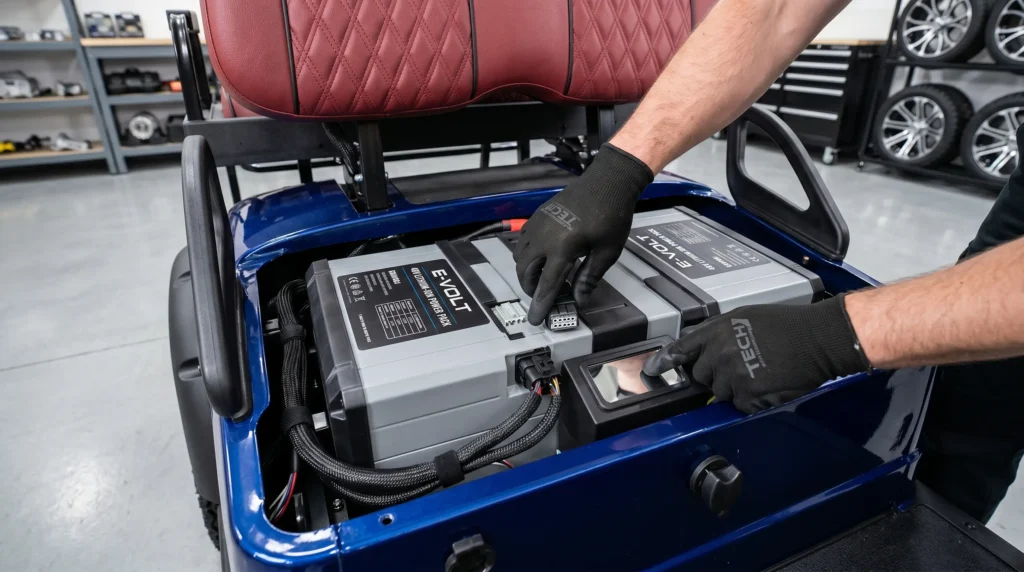 Mechanic inspecting zero-maintenance lithium battery in electric golf cart for fleet operations