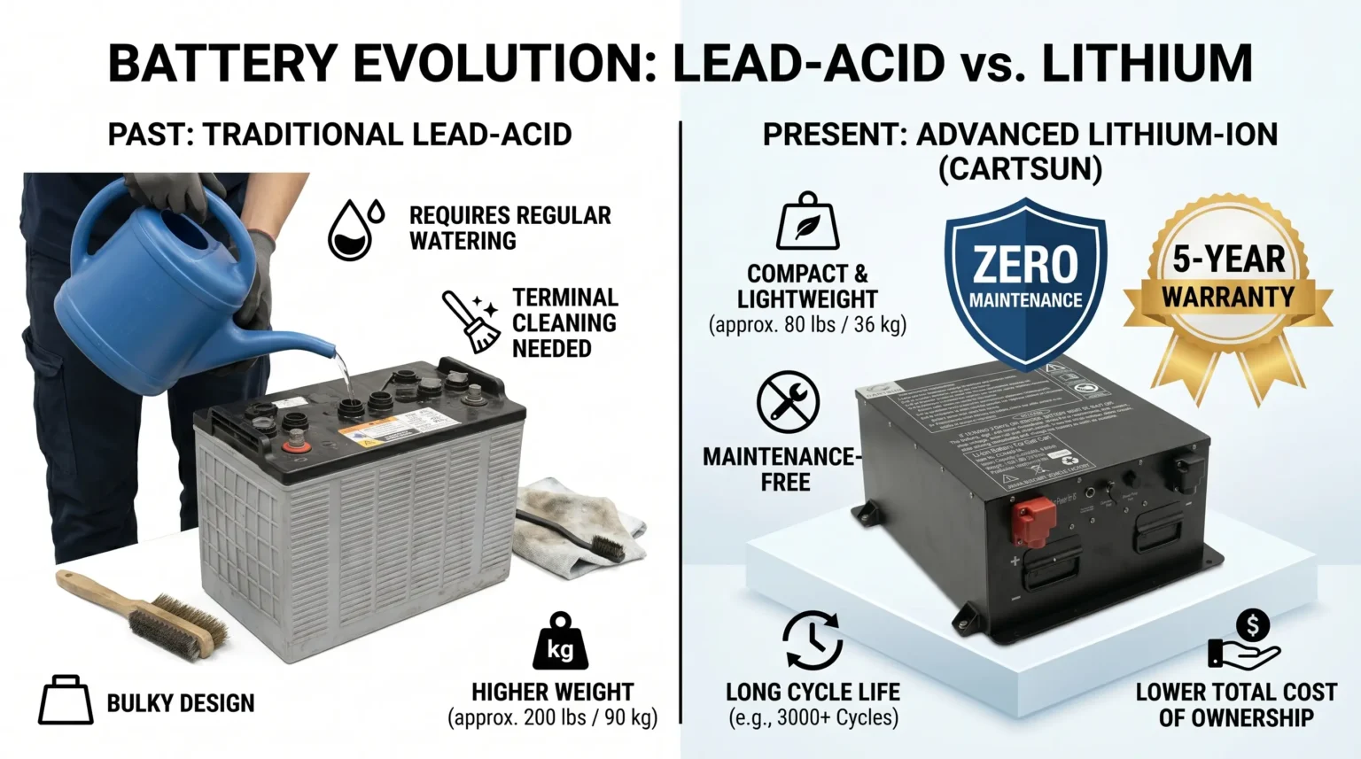 Lithium vs lead-acid golf cart battery comparison showing zero maintenance and 5-year warranty advantages