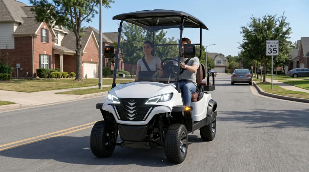 LSV street legal electric golf cart driving on public road with speed limit sign