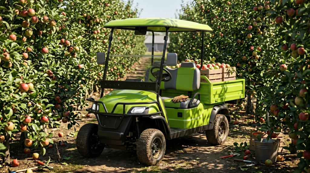 Compact electric golf cart navigating narrow apple orchard rows with harvest bins in the rear cargo area