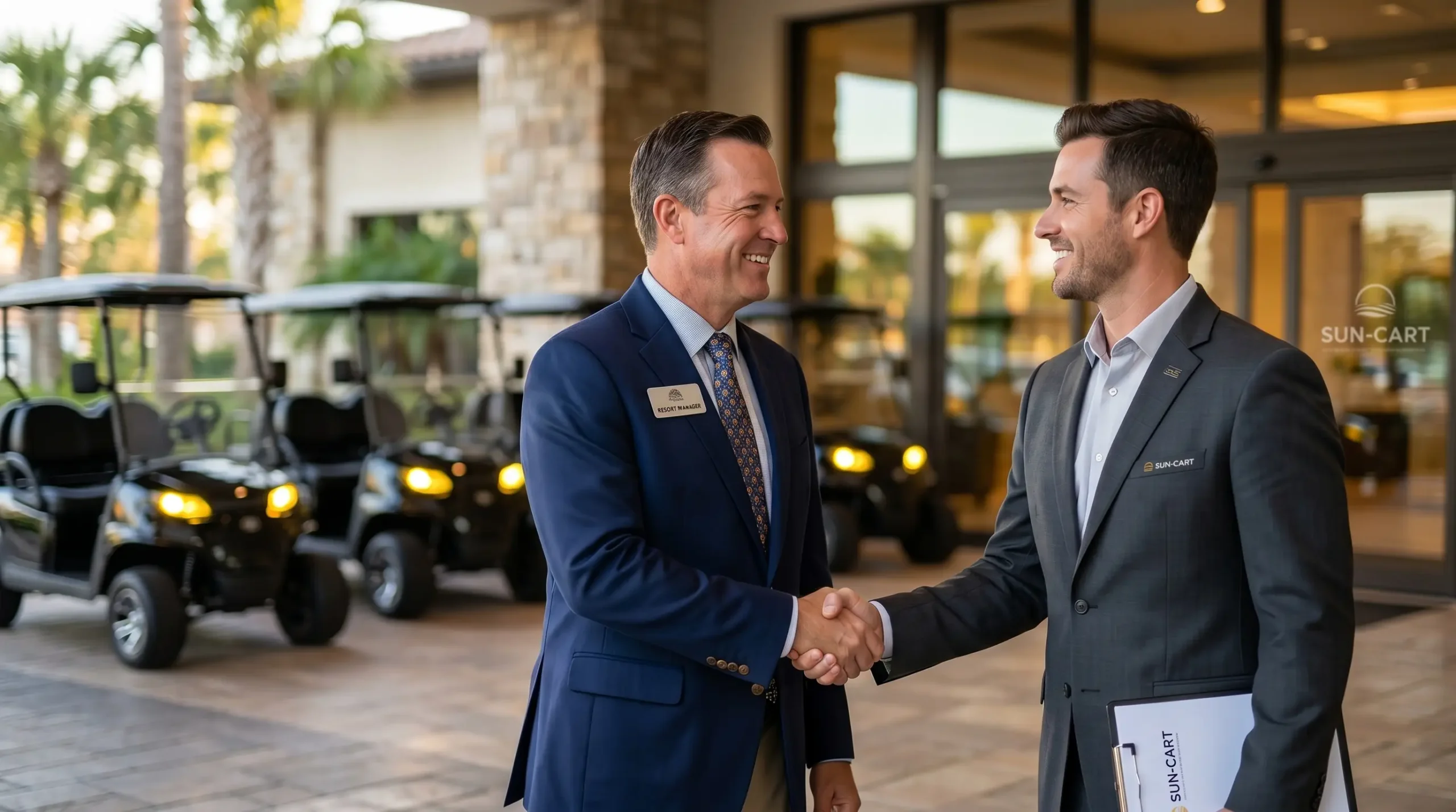 Resort manager handshake for electric golf cart fleet purchase agreement with Sun-Cart