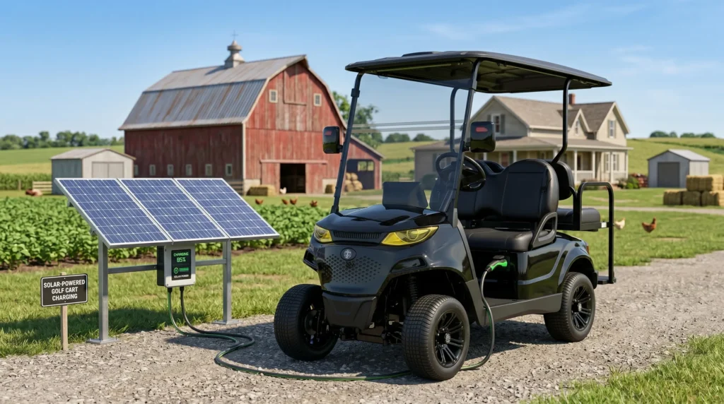 Electric farm golf cart parked next to small solar panel array with charging cable connected, rural farmstead background