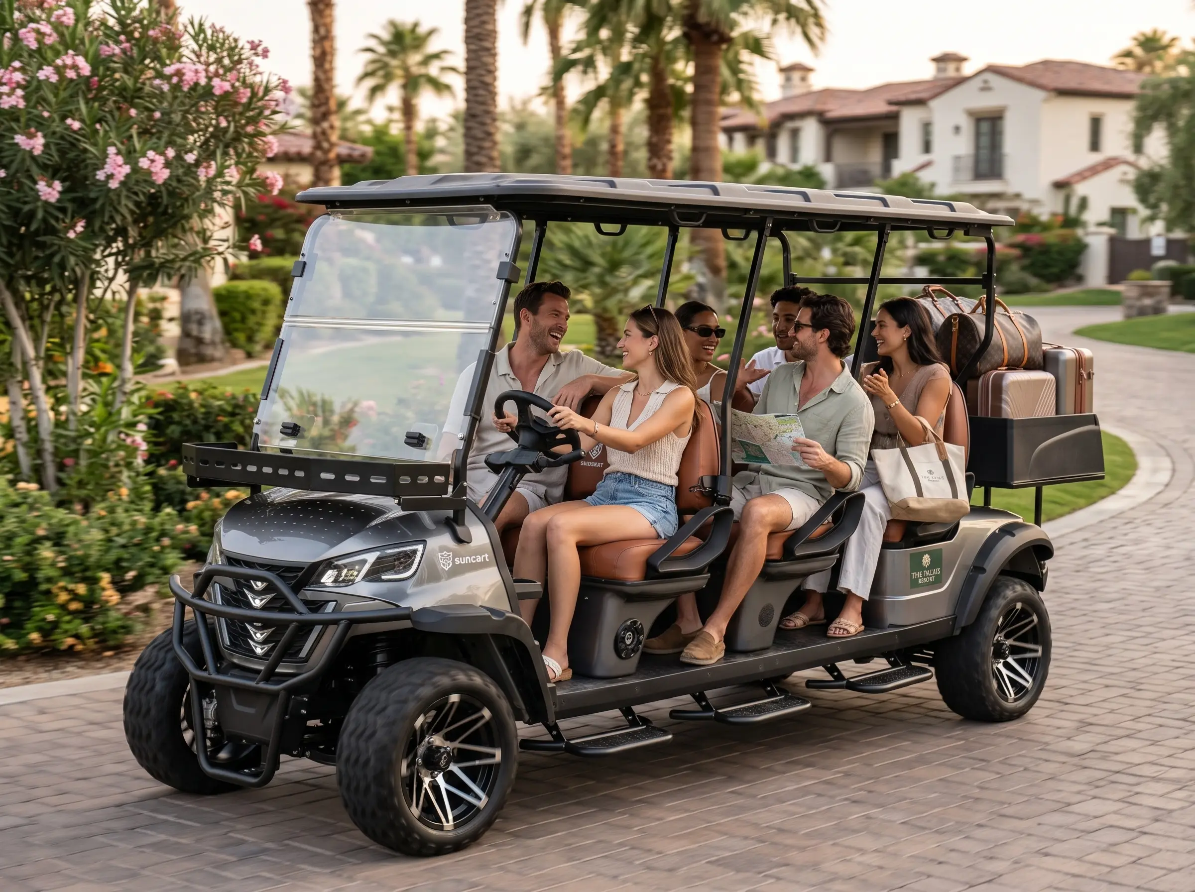 SUN-Carts electric vehicles for hotels and resorts guest shuttles and cargo vans