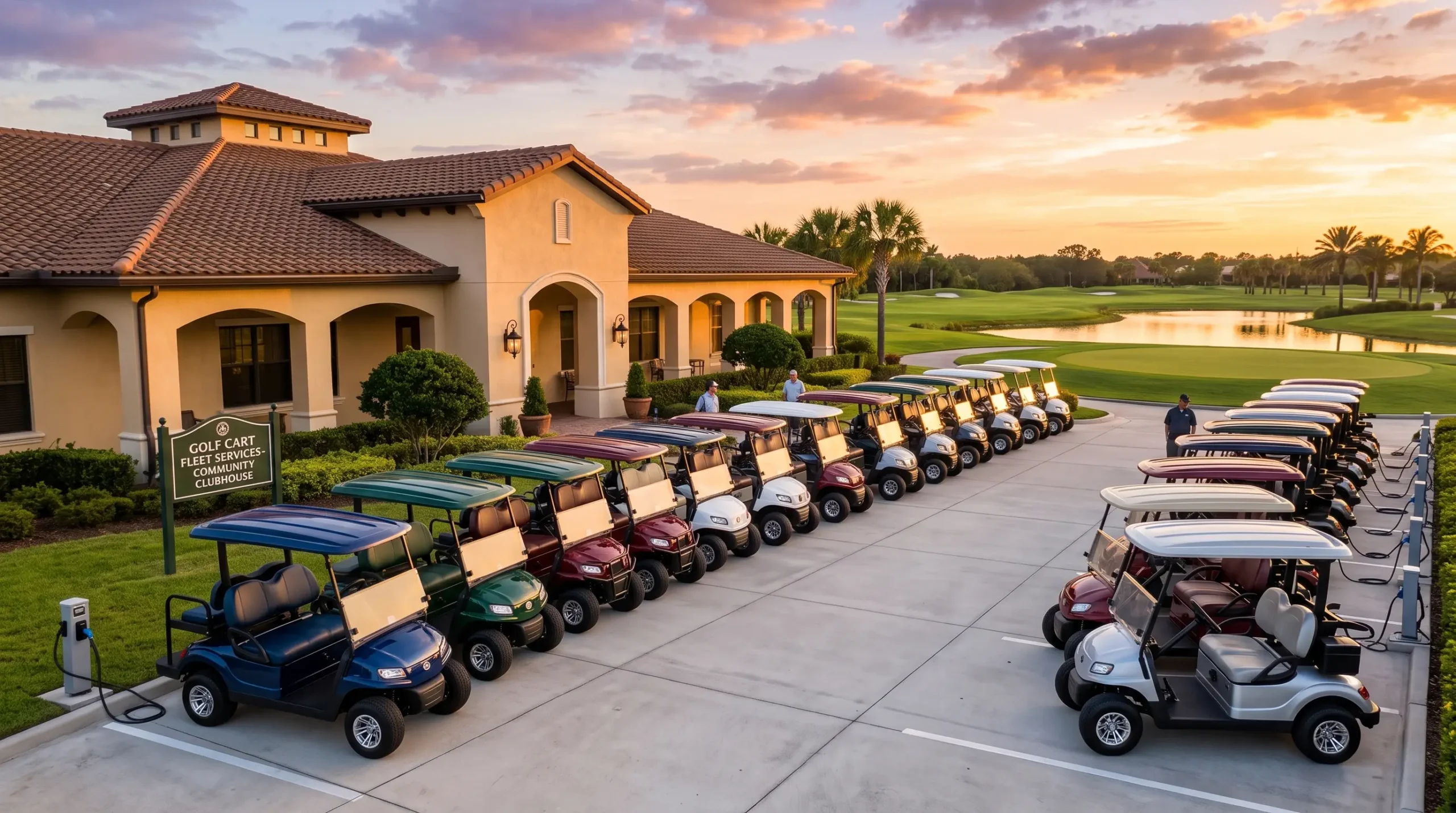 Electric golf cart fleet parked at community clubhouse representing future of neighborhood mobility in 2026