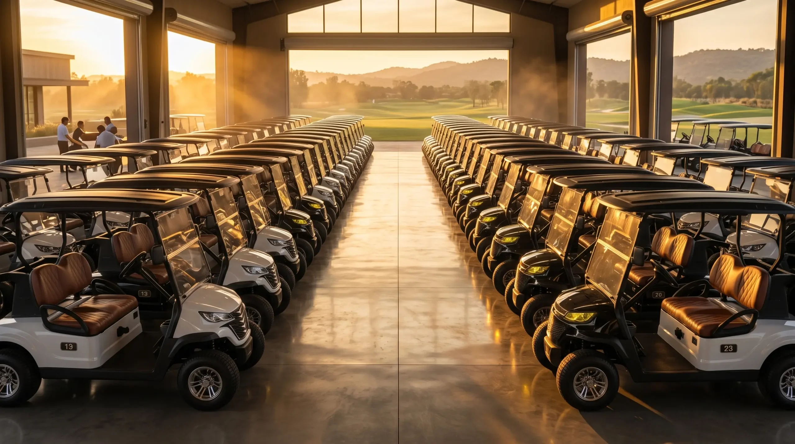 Electric golf cart fleet ready for delivery in modern warehouse at sunset
