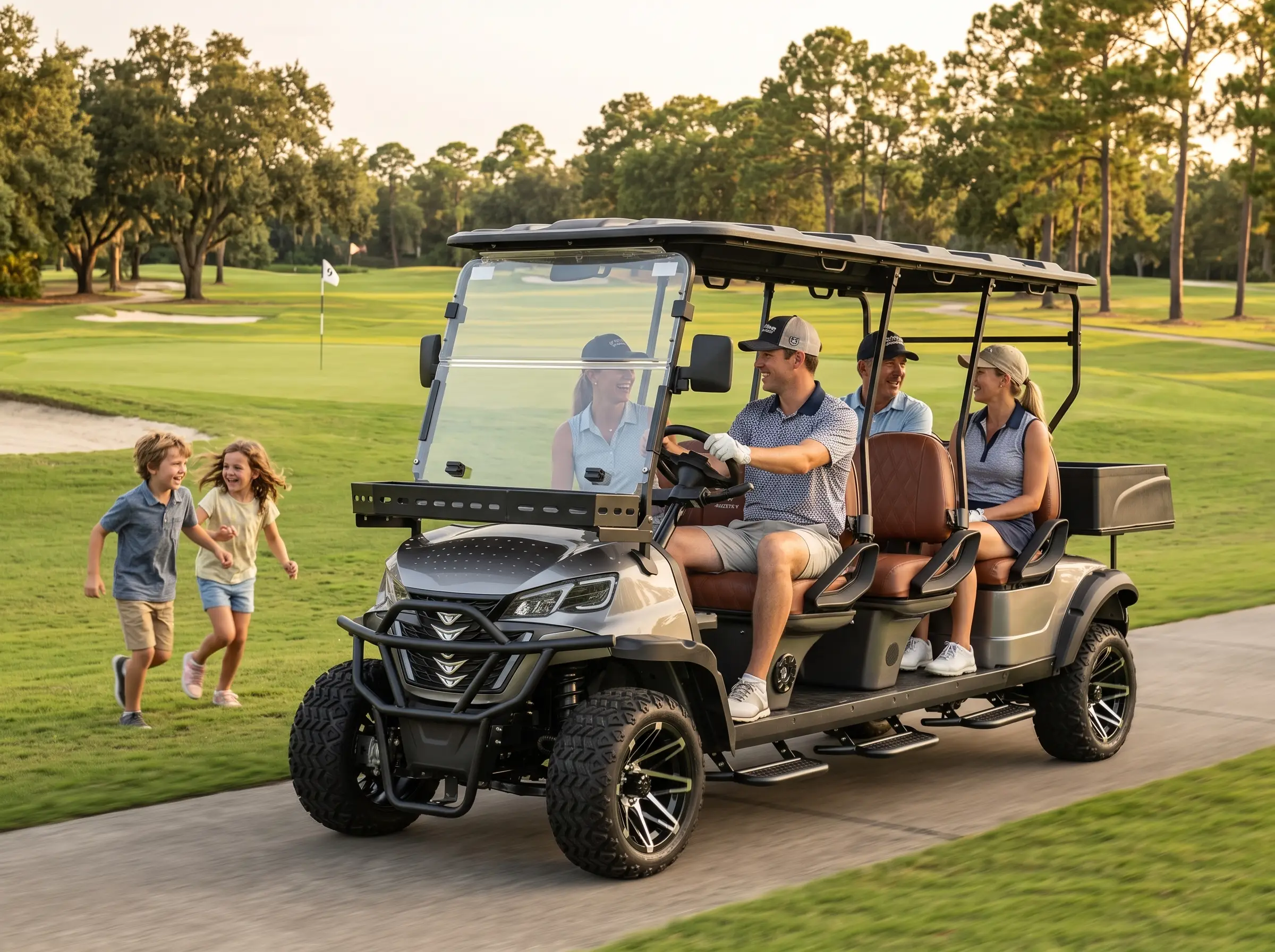 SUN-Carts 72V lithium battery golf carts operating on golf course