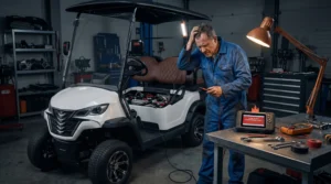 Electric golf cart slow speed troubleshooting guide 2026 showing mechanic inspecting cart with diagnostic tools