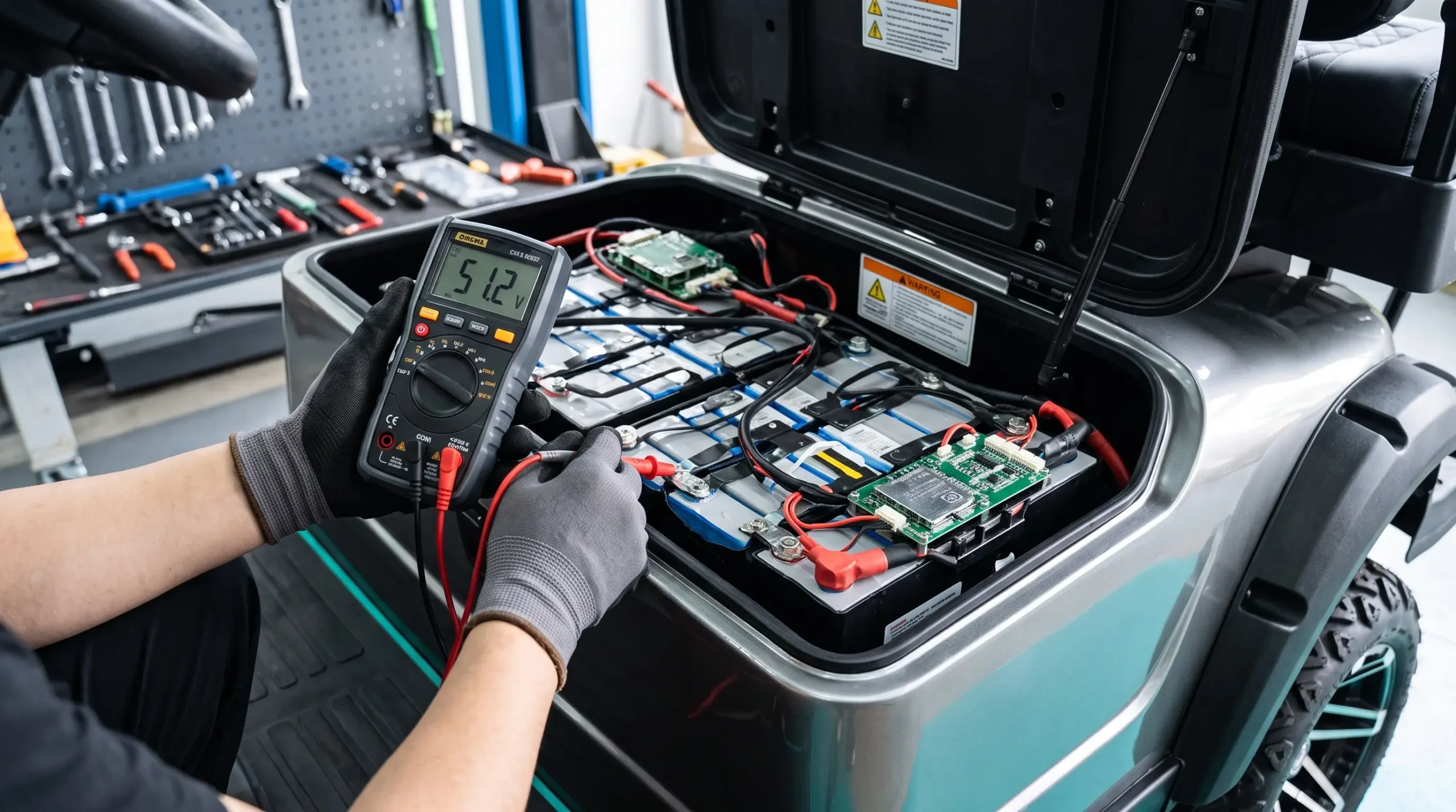 Golf cart battery voltage test with multimeter for speed loss diagnosis