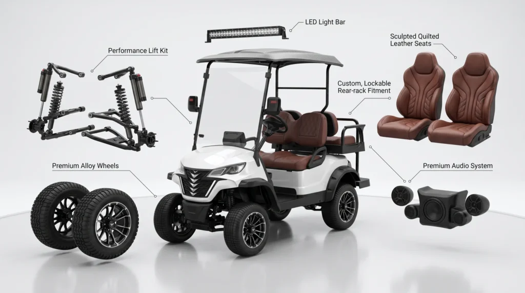 Display of golf cart customization parts including lift kit wheels and LED lights