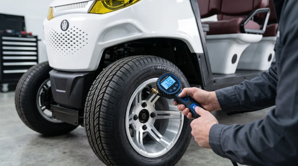 Golf cart tire pressure check to prevent drag and speed loss