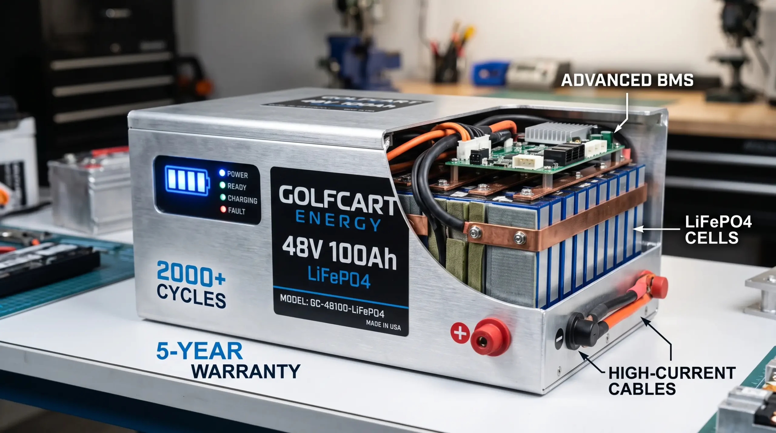 LiFePO4 lithium battery for electric golf cart with 2000 cycles and 5-year warranty