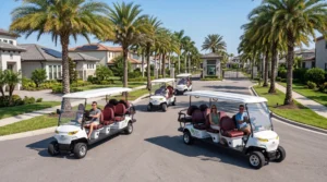 Electric golf cart fleet driving through gated community representing 2026 neighborhood mobility trend