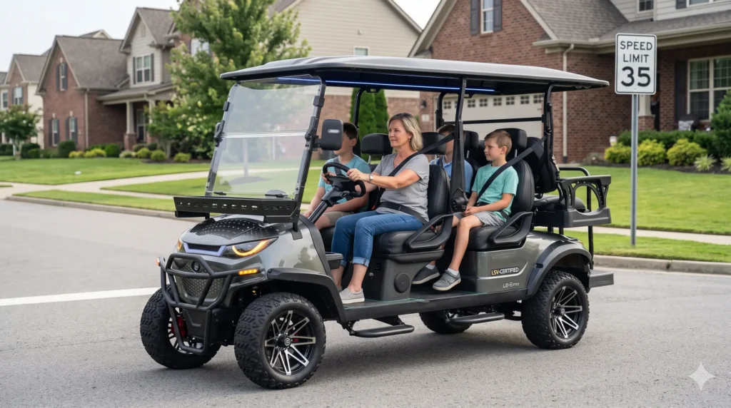 LSV street legal electric golf cart on public road with 35 mph speed limit sign and safety features