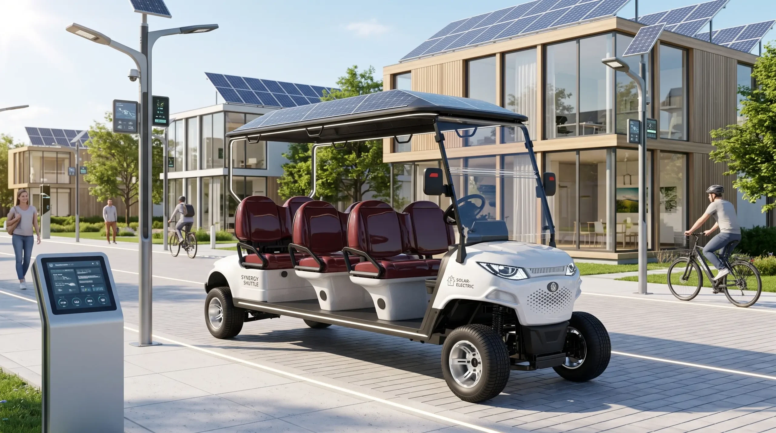 Future electric golf cart with solar roof on smart community street representing 2026 trends