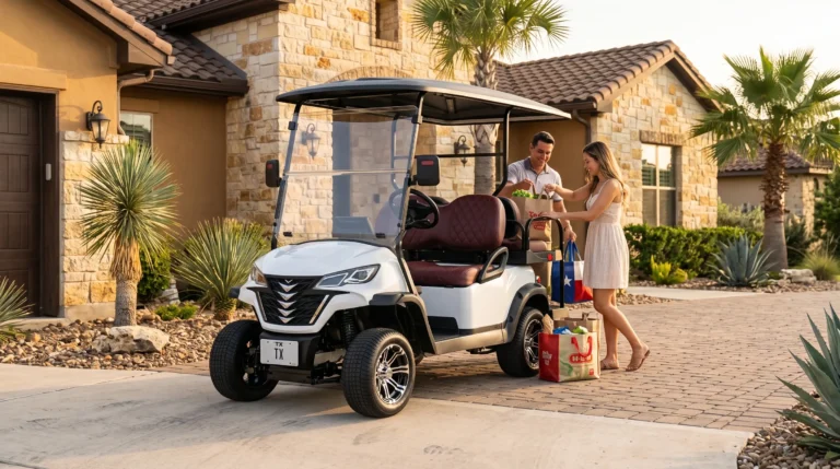 Chinese electric golf cart parked in US suburban driveway with family and groceries