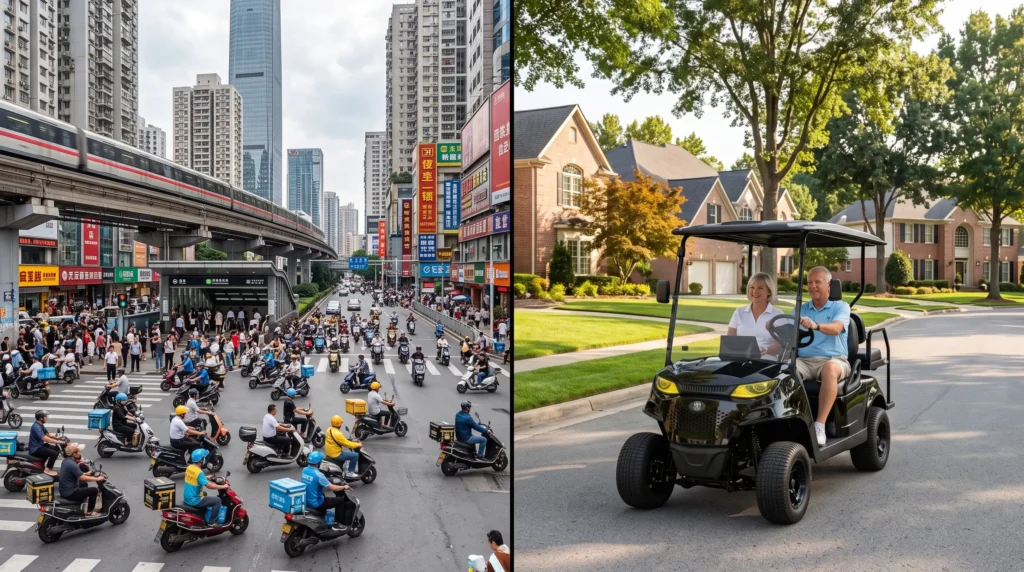 Comparison of Chinese city scene vs US suburban golf cart lifestyle showing market value creation