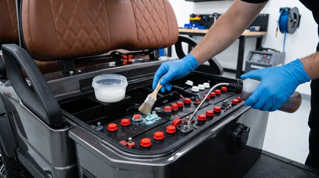Cleaning golf cart battery terminals and checking water levels for winter storage