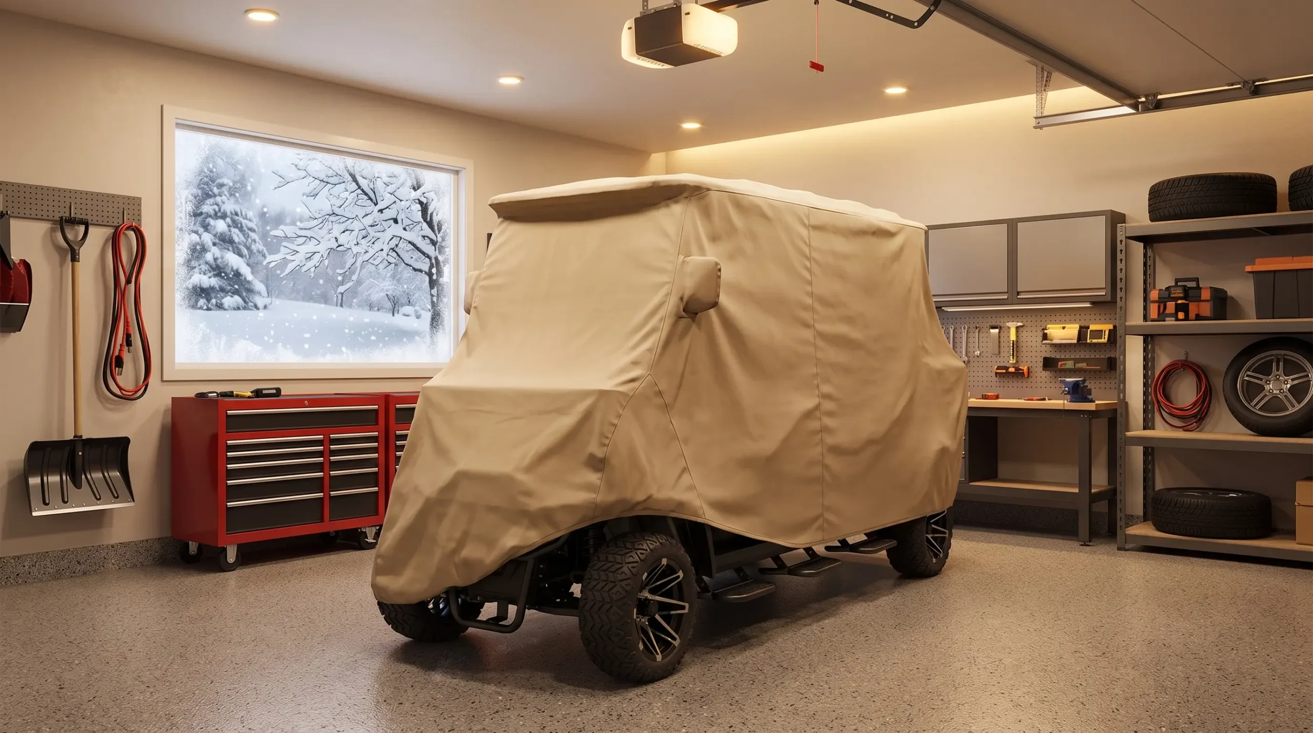 Electric golf cart in garage with winter storage cover ready for cold weather storage