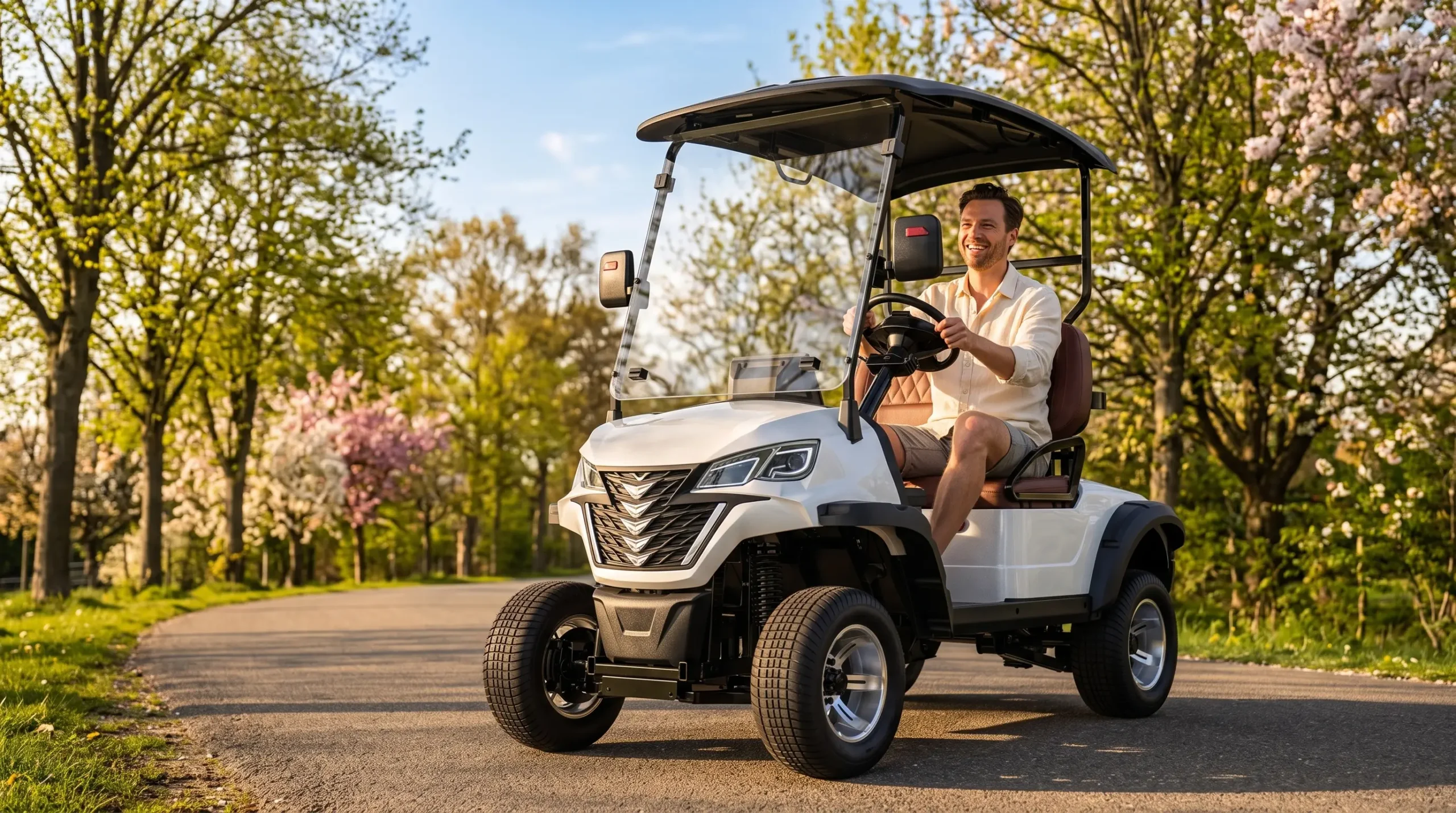 Happy golf cart owner enjoying spring drive after proper winter storage