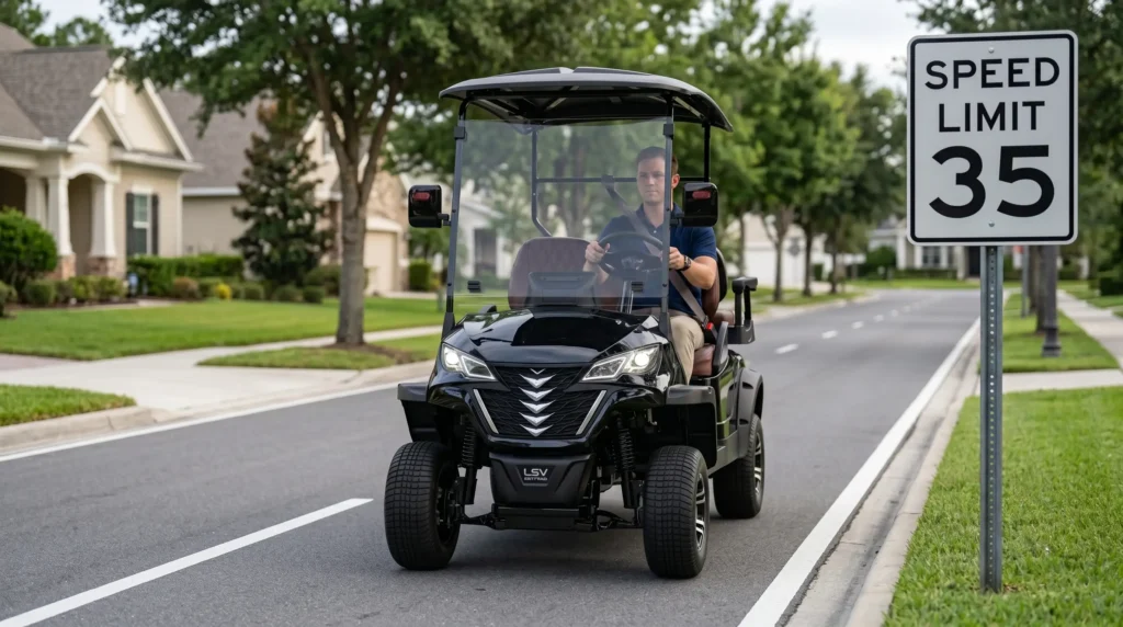 LSV certified electric golf cart on public neighborhood road with 35 mph speed limit sign