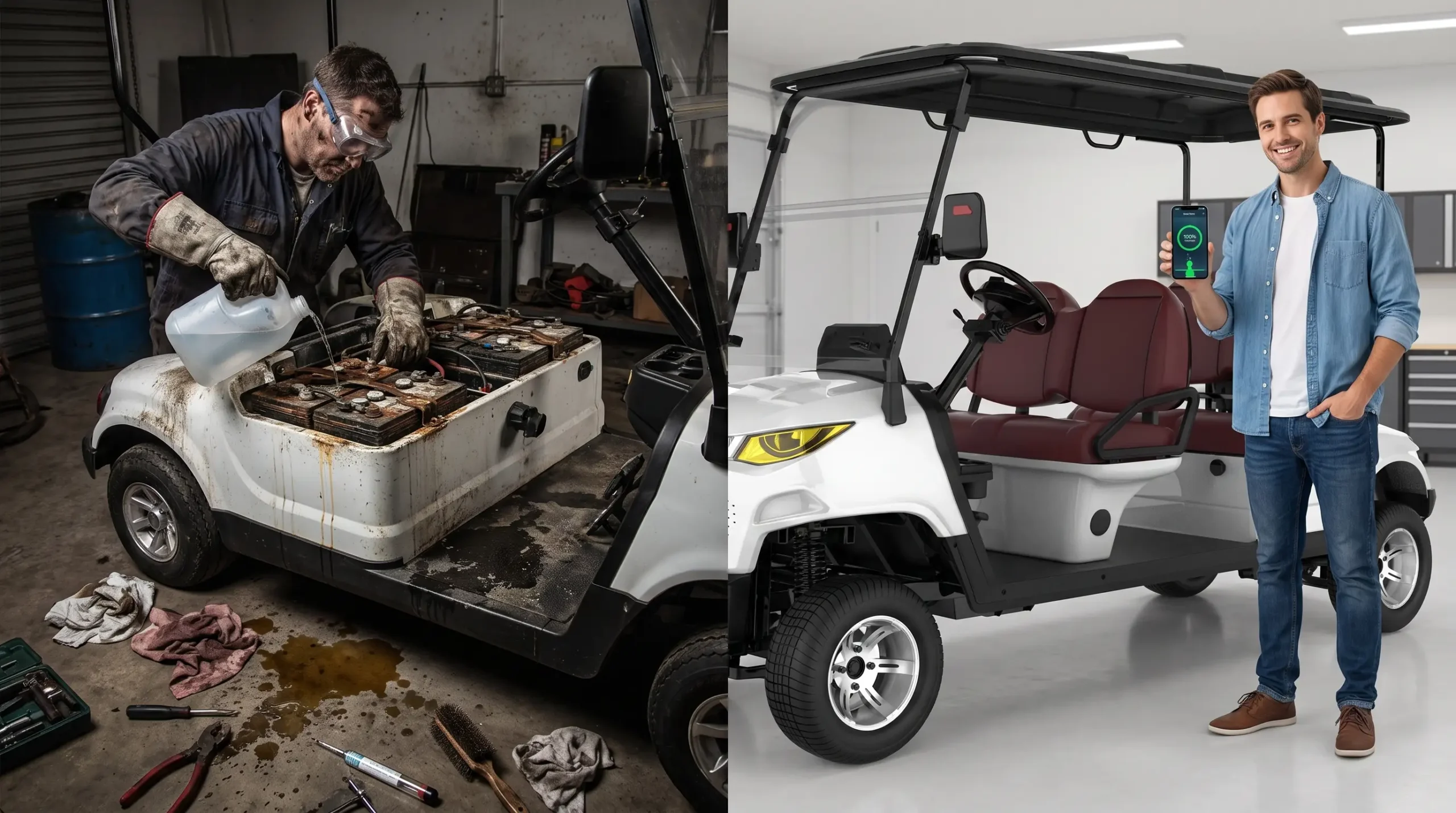 Fleet manager choosing LiFePO4 lithium battery upgrade for commercial golf carts