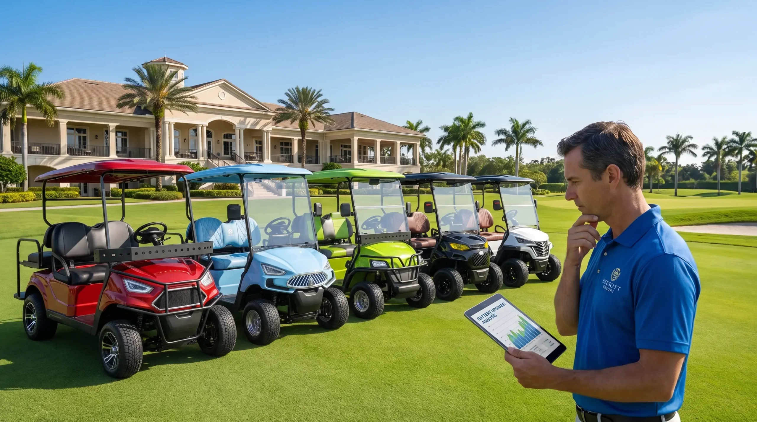 Commercial golf cart fleet manager planning battery upgrade at resort