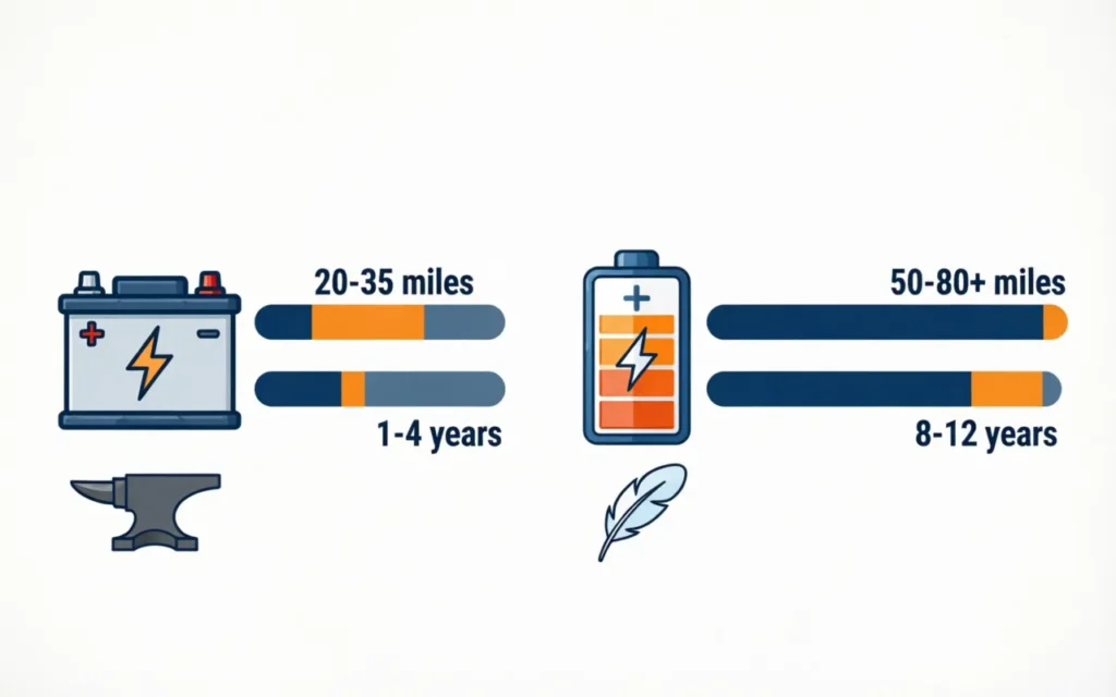 LiFePO₄ batteries deliver 50-80+ miles of range and last 8-12 years — compared to 20-35 miles and 1-4 years for lead-acid.