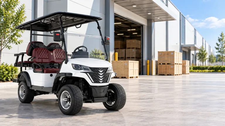 White electric golf cart outside a commercial warehouse for B2B wholesale supply and dealer programs.