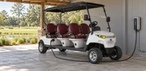 MXV 6-seat electric golf cart connected to a charging station at a golf resort