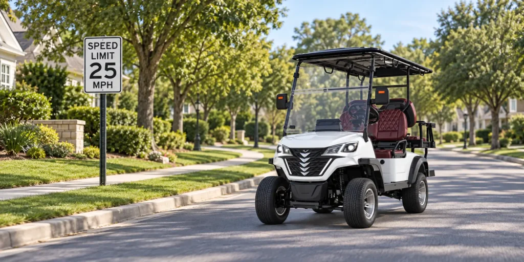 White SUN-CART multi-passenger electric golf cart driving beside a 25 MPH speed limit sign on a U.S. residential street.