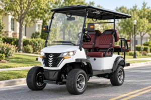 White SUN-CART LSV Eco Series with headlights, turn signals, mirrors, windshield wiper and seat belts for street-legal low-speed vehicle use.