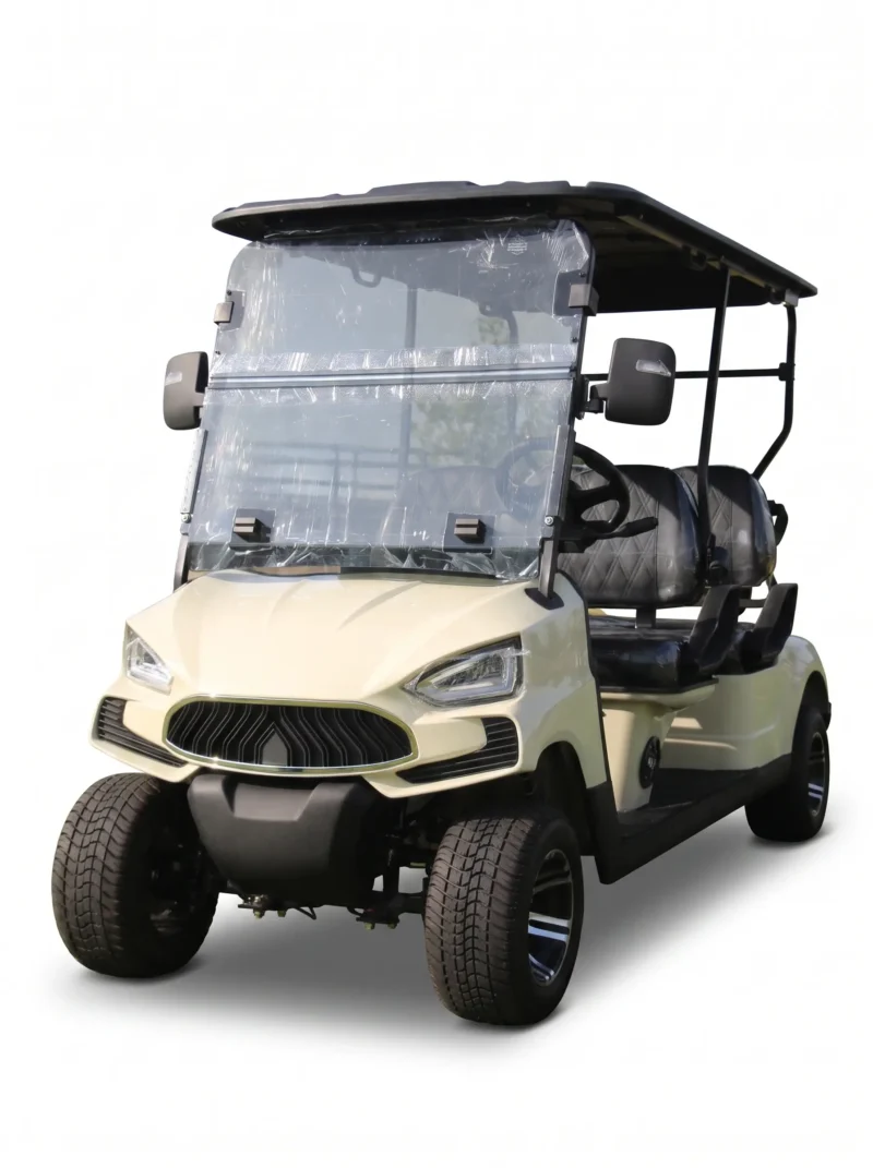 sun-cart-txv-golf-carts-factory Premium luxury electric golf cart with leather seats, 72V battery, Bluetooth audio, LED ambient lighting. Designed for high-end resorts and exclusive venues. 5-year warranty.