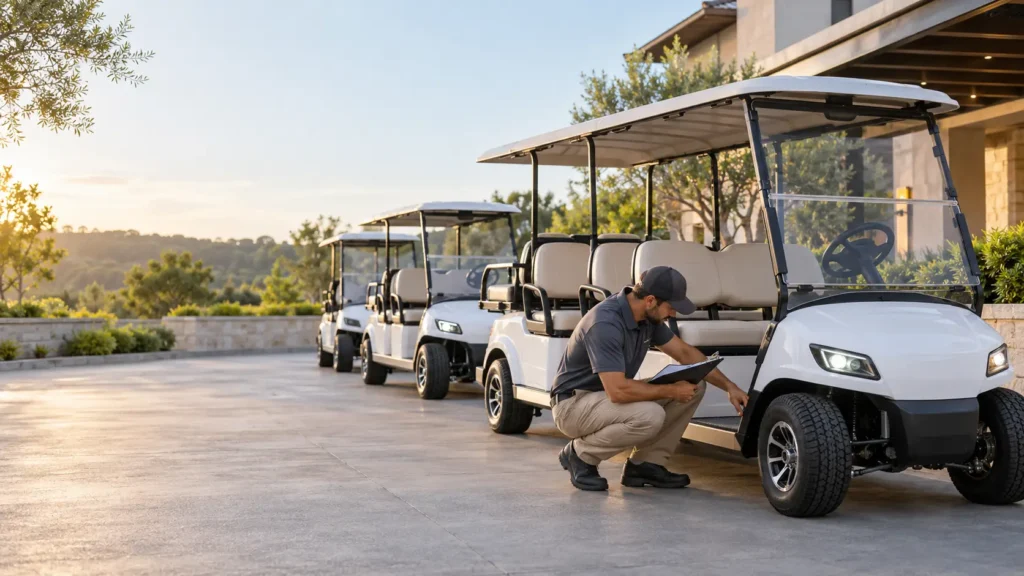 Fleet manager inspecting a white electric golf cart as part of a commercial fleet maintenance checklist.