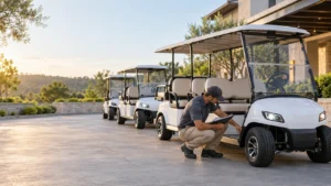 Fleet manager inspecting a white electric golf cart as part of a commercial fleet maintenance checklist.