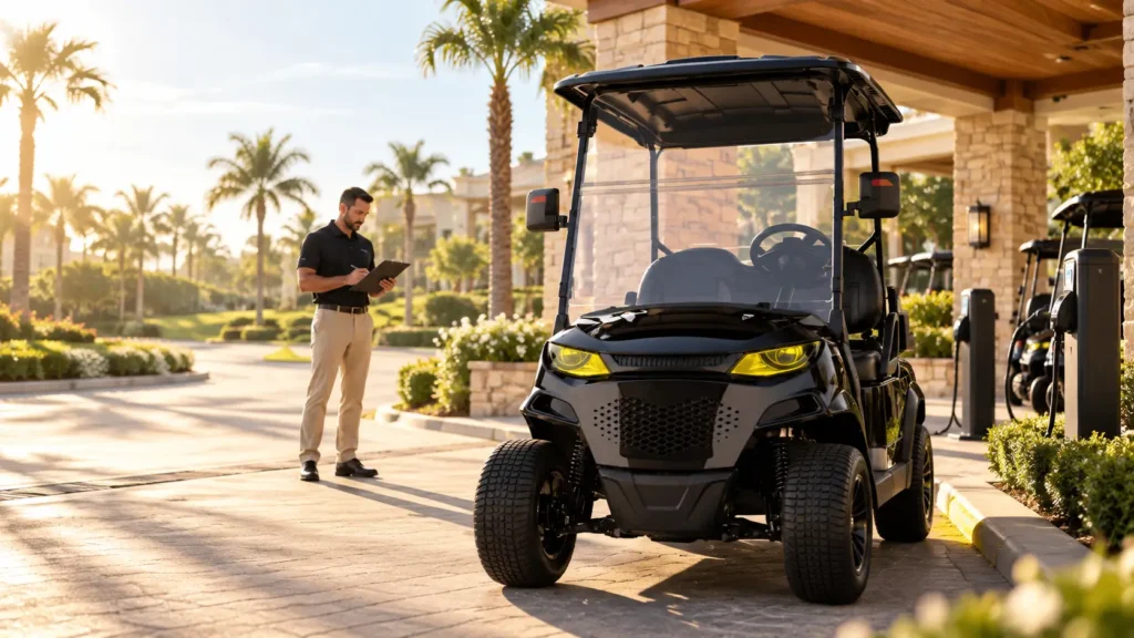 Black SUN-CART MXV electric golf cart with yellow headlights at a resort charging area