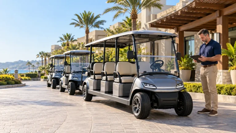 Electric golf cart fleet outside a resort with a facilities manager planning daily operations.